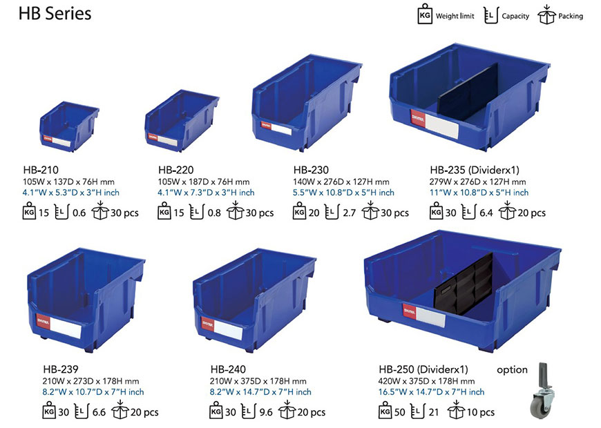 Todas las tallas disponibles en la gama de contenedores colgantes HB de SHUTER.