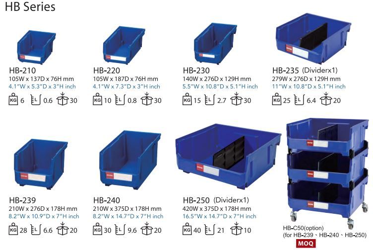 All available sizes in SHUTER's range of HB hanging bins.